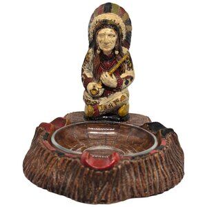 Vintage Hand-Painted Native American Chief Figurine Ashtray With Glass Bowl Inse